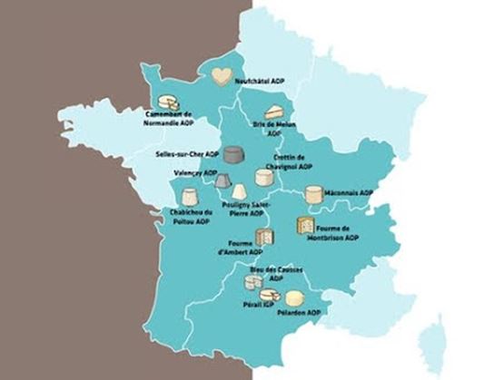 Illustrated map of France showing the main PDO goat cheese appellations, with icons and the names of the production regions. (Default Alternate Text: "Illustrated map of France showing the main PDO goat cheese appellations, with icons and the names of the production regions.")