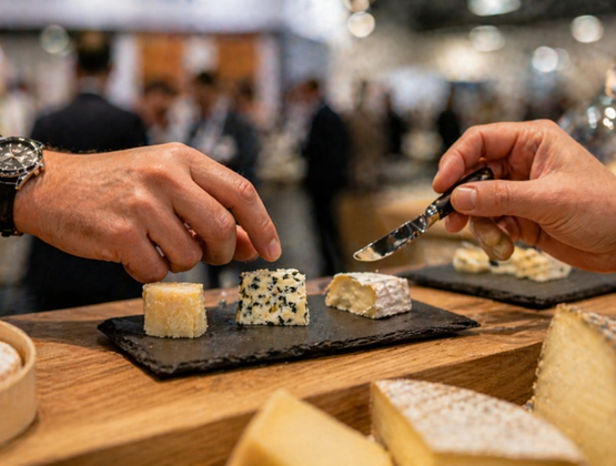 Dégustation de fromages lors d’un salon professionnel, avec deux personnes échangeant autour de morceaux de fromages variés présentés sur une ardoise, dans une ambiance animée en arrière-plan.