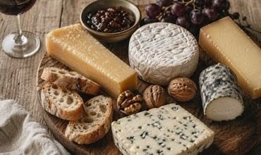Plateau de fromages français composé de Comté, Camembert, Roquefort, chèvre et Cantal, accompagné de pain, noix et raisin