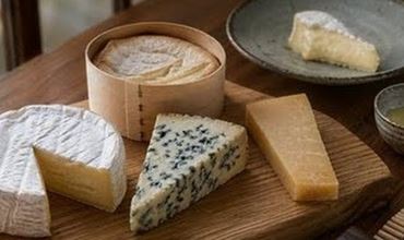 Plateau de fromages présenté sur une planche en bois, avec une sélection de fromages (camembert, fromage bleu, fromage affiné et fromage en boîte), accompagné d’un petit bol de sauce et disposé dans un cadre intérieur chaleureux.