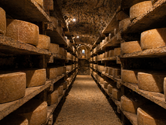 Cave d’affinage voûtée avec des meules de fromage disposées sur des étagères en bois.