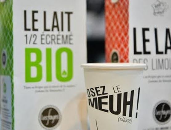 Briques de lait et gobelet promotionnel présentés sur un comptoir lors d’un salon professionnel.