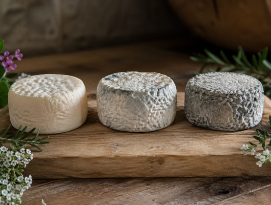 Trois petits fromages ronds affinés, de couleurs blanche à grise, présentés sur une planche en bois avec des herbes et fleurs décoratives.