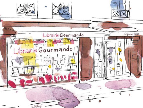Illustration à l’aquarelle de la façade de la Librairie Gourmande, avec sa vitrine remplie de livres et son entrée sur une rue parisienne.
