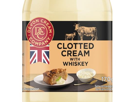 Étiquette d’un pot de clotted cream au whisky, illustrée avec une suggestion de dégustation.