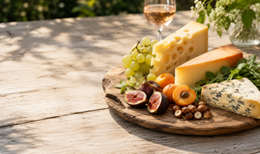Plateau de fromages, fruits et noix présenté sur une table en bois, accompagné d’un verre de vin rosé en extérieur.