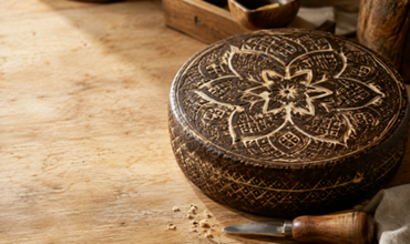 Meule de fromage à croûte sombre finement gravée de motifs floraux et géométriques.