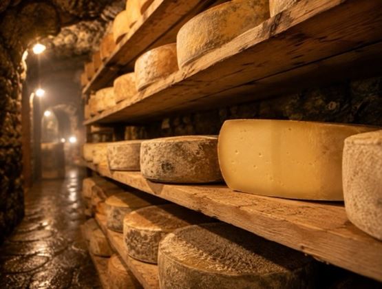 Meules de fromage affinées sur des étagères en bois dans une cave traditionnelle.