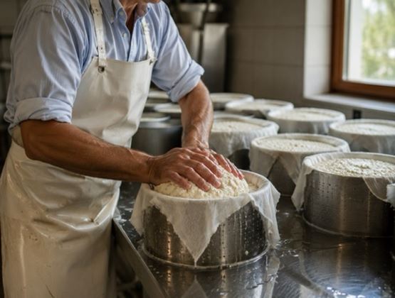 Fromager pressant manuellement le caillé dans un moule en atelier de fabrication.