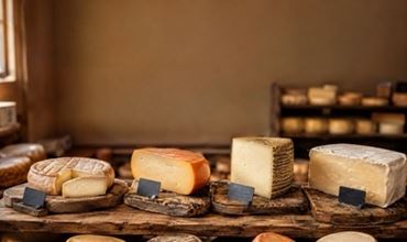 Assortiment de fromages à pâte pressée non cuite présenté sur une table en bois.