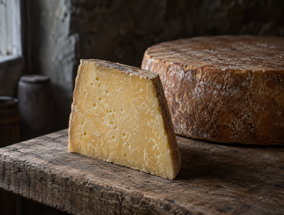Morceau de fromage affiné devant une meule entière sur une table en bois.