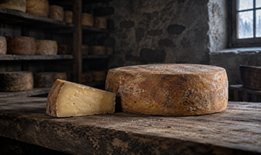 Meule de fromage affinée et quartier découpé dans une cave traditionnelle.