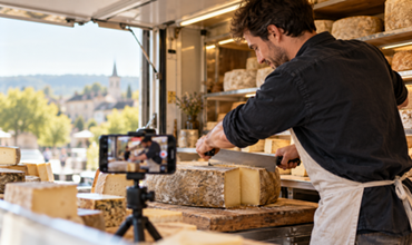 Fromager découpant une meule de fromage sur son stand pendant qu’un smartphone filme la préparation.