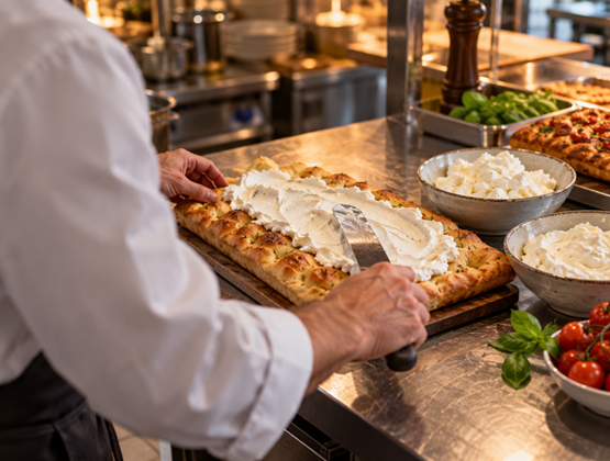 Chef étalant du fromage crémeux sur une focaccia dans une cuisine professionnelle.