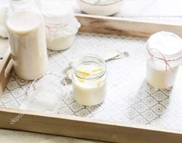 Dairy tray: yogurt, milk. 