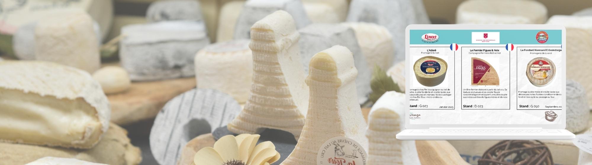 Sélection de fromages artisanaux avec présentation digitale de produits affichée sur un ordinateur portable.