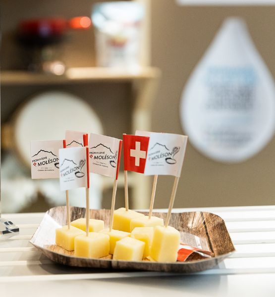 Swiss cheese cubes served with small flags on a tasting tray at a food stand.